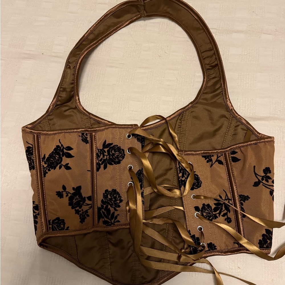 SHEIN Brown and Black Floral Lace-Up Crop Top